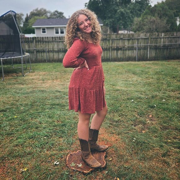 Women's Caramel Square Neck Long Sleeve Fall Casual Baby Doll Sweater Dress - Picture 3 of 3